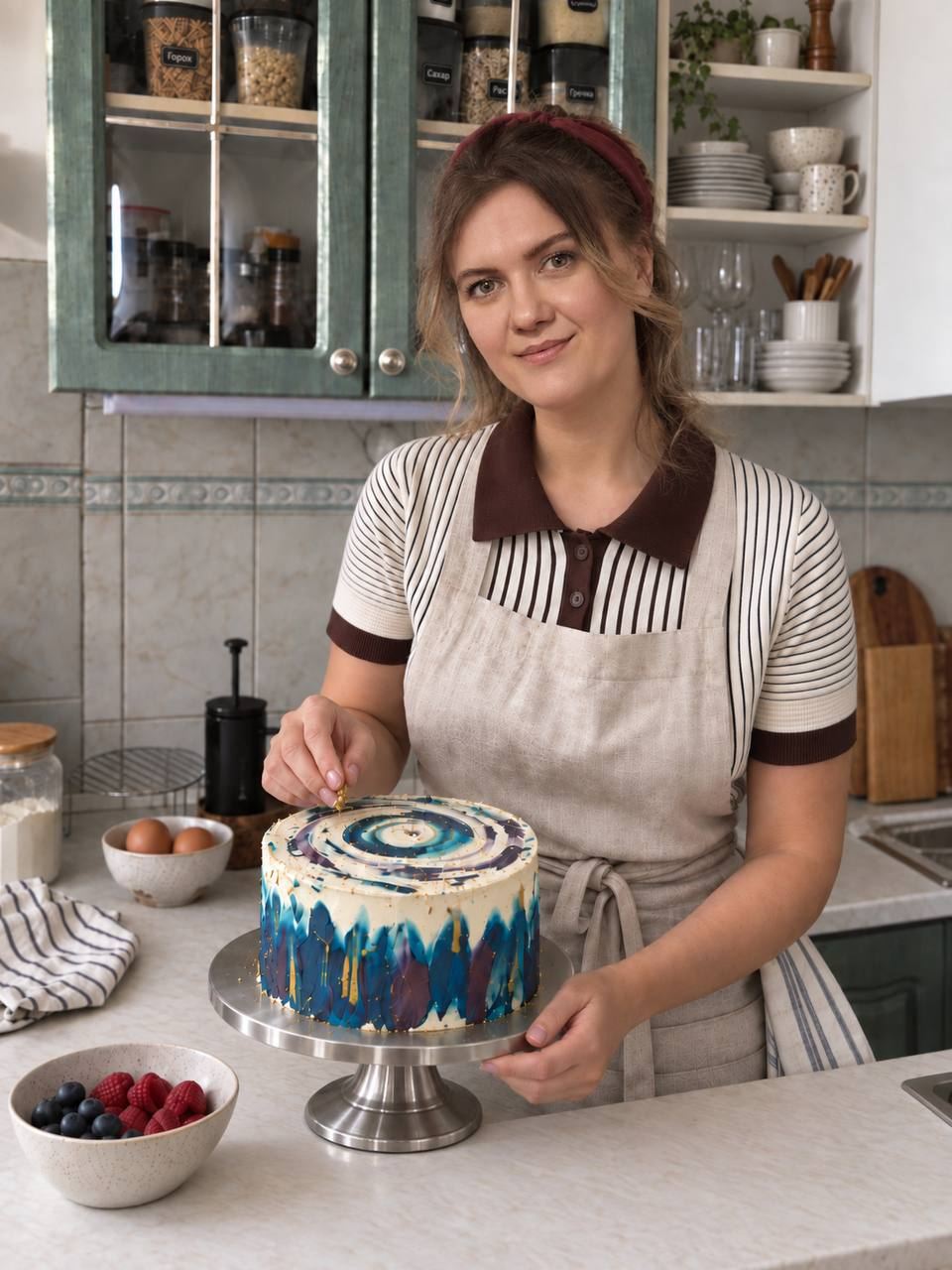 Марина на домашней кухне рядом с украшенным тортом